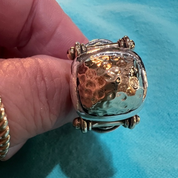 Dian Malouf Ring/14K YG and 925 SS Hammered Dome Drum Ring Max Gold Side Accents - Picture 2 of 11